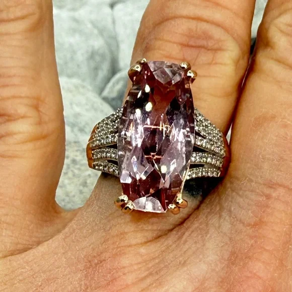 Morganite Cushion Cut Ring Rose Gold Over Sterling CZ Pave Size 7 - Picture 8 of 17